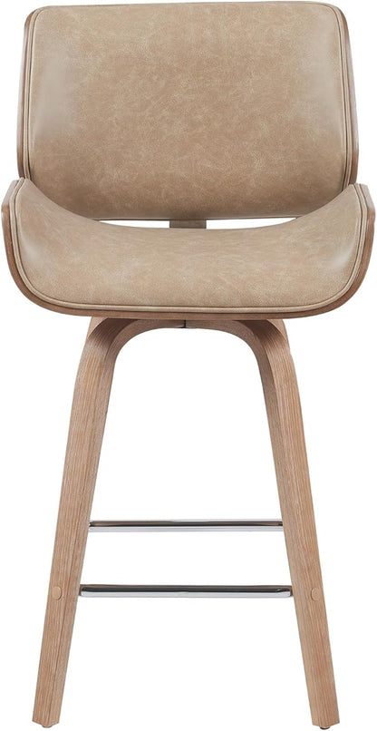 Tyler Modern Counter Height Swivel Bar Stool with White Wash Finished Wood and Vintage Brown Upholstery Set of 4