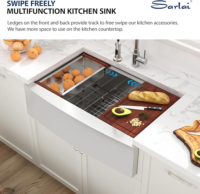 Sarlai 33 Farm Sink Stainless Steel - 33 x 22 Inch Farmhouse Kitchen Sink Ledge Workstation Apron Front Single Bowl 16 Gauge Stainless Steel Luxury Kitchen Farmer Sinks Basin