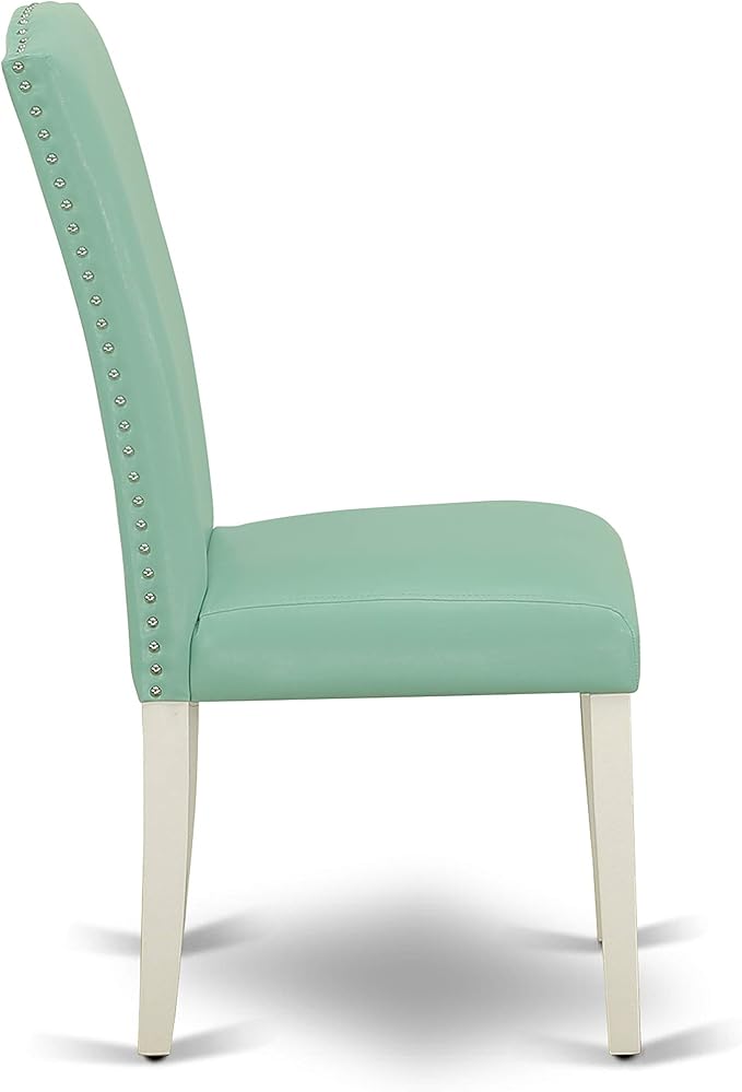 East West Furniture ENP2T57 Encinal Parson Kitchen Chairs - Nailhead Trim Pond Faux Leather Padded Dining Chairs, Set of 2, Linen White