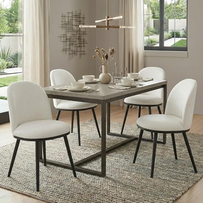 KISLOT Dining Chairs Set of 6, Fabric Upholstered Dining Room Chairs with Ergonomic Backrest & Metal Legs, Modern Kitchen Side Chairs for Home, Restaurant, and Café, Ivory, 2 Boxs