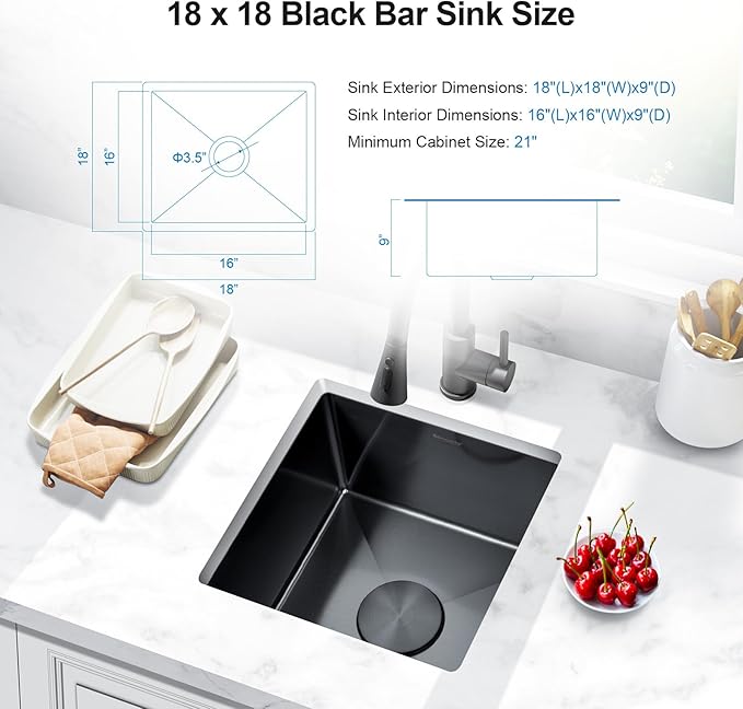 18x18 Black Bar Sink Undermount, Nano PVD Stainless Steel Single Bowl Square Deep Wet Bar & Prep Under Counter Small Kitchen Sinks with Grid (Gunmetal Black)