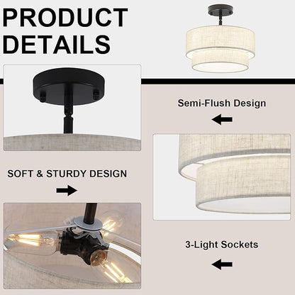 3-Light Semi Flush Mount Ceiling Light, 12.6 Inch Drum Black Chandelier Fabric Metal Kitchen Light Fixture, Dimmable Dining Room Light Fixture E26 Base Chandeliers for Living Room Bedroom