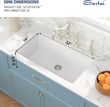 Sarlai 32 Kitchen Sink White Granite Composite - 32 x 19 inch Kitchen Sink Ledge workstation Undermount White Granite Composite Quartz Single Bowl Under Counter Kitchen Sinks Basin