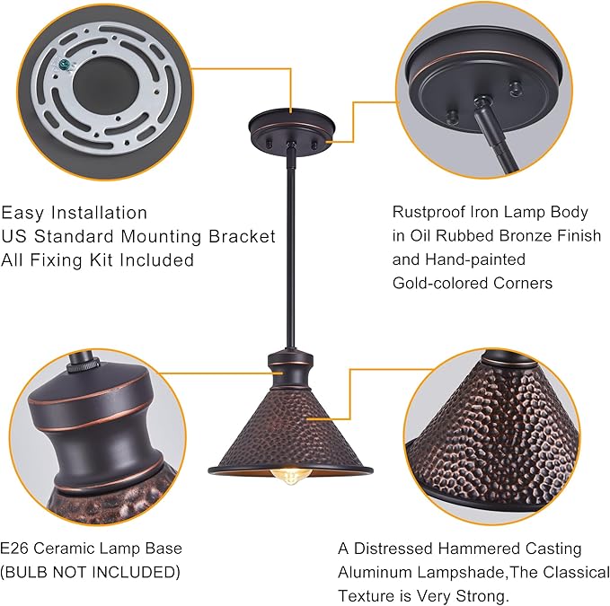 Tarentlight Max 58”Ht Adjustable Tube Mini Pendant,Vintage Hammered Pattern Cast Aluminum Shade,1-E26 Classic Lamp,Oil Rubbed Bronze Farmhouse Hanging Light for Kitchen Island,Entryway,Dining Room.