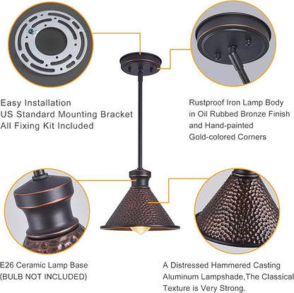 Tarentlight Max 58”Ht Adjustable Tube Mini Pendant,Vintage Hammered Pattern Cast Aluminum Shade,1-E26 Classic Lamp,Oil Rubbed Bronze Farmhouse Hanging Light for Kitchen Island,Entryway,Dining Room.