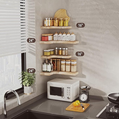 SAUMONIERES Corner Floating Shelves Wall Mount Shelf Solid Wood for Bedroom Bathroom Room Kitchen Storage Set of 3, Rustic Torched, Invisible Brackets