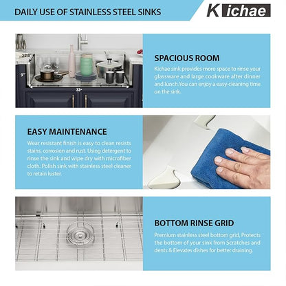 Kichae 33 Farmhouse Sink Stainless Steel - 33 Inch Kitchen Sink Apron Front Ledge Workstation 16 Gauge Stainless Steel Single Bowl Handmade Farm Style Kitchen Sinks