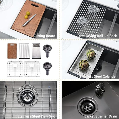 33 Inch Black Double Bowl Undermount Kitchen Sink Workstation-Bokaiya 33x19 Kitchen Sink Undermount 50/50 Double Bowl Sink 16 Gauge Black Stainless Steel Double Basin with Cutting Board