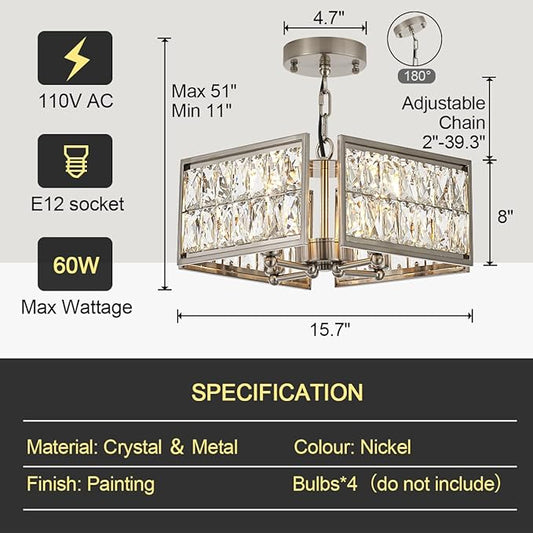12” 4-Light Modern Crystal Chandeliers Nickel Dinning Room Light Fixture, Square Pendant Light Kitchen Island Chandelier, Flush Mount Ceiling Light for Living Room Entryway Bedroom Foyer