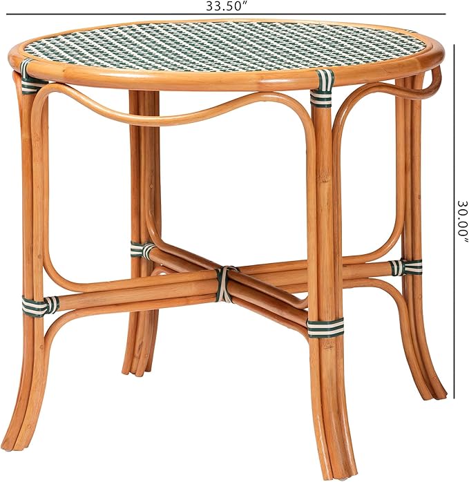 Bali & pari Mattie Natural Rattan Round Bistro Dining Table - Handwoven Cafe-Style Accent Table for Kitchen or Indoor/Outdoor Lounge, Dark Teal Green & White