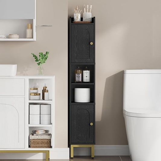 Hzuaneri Slim Bathroom Storage Cabinet, Narrow Bathroom Organizers and Storage with 4 Adjustable Feet, Laundry Room Organization for Small Space, Kitchen, Living Room, 2 Doors Black BC22404G