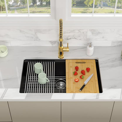 28 Granite Composite Kitchen Sink - 28x19 Inch Black Granite Kitchen Sink Undermount Black Quartz Sinks Ledge Workstation Classic Under Counter Single Bowl Basin