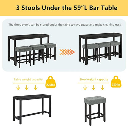 Merax 59" Bar Table Set with Power Outlet,Industrial Breakfast Table with 3 Upholstered Stools w/Footrest,4 Piece Counter Height Bar Table and Chair Set for Living Room,Dining Room,Kitchen,Black