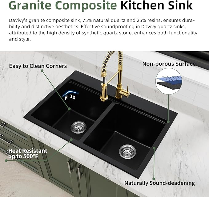 Davivy 33 Inch Black Drop in/Top Mount Double Bowl Kitchen Sink, 50/50 Split Black Granite Composite Double Kitchen Sink Workstation, Deep Double Bowl Design with Accessories