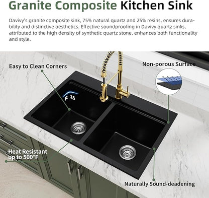 Davivy 33 Inch Black Drop in/Top Mount Double Bowl Kitchen Sink, 50/50 Split Black Granite Composite Double Kitchen Sink Workstation, Deep Double Bowl Design with Accessories