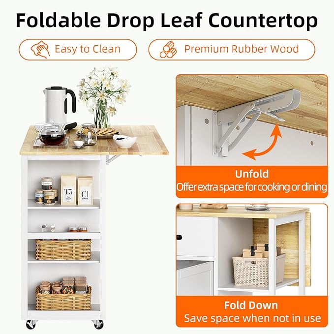 IDEALHOUSE Rolling Kitchen Island Cart with Drop Leaf, Kitchen Storage Cabinet On Wheels with 2 Drawers, 3 Open Spice Racks and Towel Rack,White