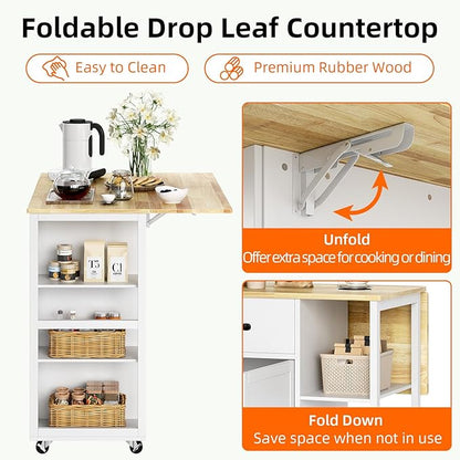 IDEALHOUSE Rolling Kitchen Island Cart with Drop Leaf, Kitchen Storage Cabinet On Wheels with 2 Drawers, 3 Open Spice Racks and Towel Rack,White