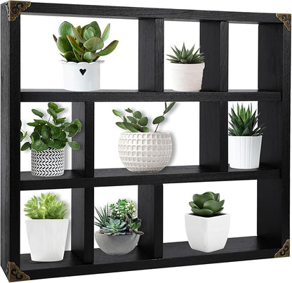 17.7x15.7-Inch Shadow Box Shelf 9-Slot Rustic Floating Shelves Larger Wall Mounted Shelf Lightweight Solid Wood Display Freestanding Farmhouse Shelf (Set of 2,9C-Classic Black)