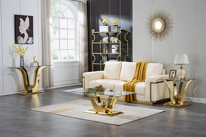 Henf Luxury Glass Coffee Table Set of 3 Piece Gold Living Room Table Set of 3 Including Coffee and End Tables Set,Gorgeous Stainless Steel Frame, Clear Glass Top for Living Room Home Office Apartment