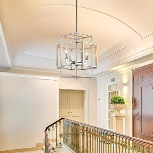 4-Light Chandelier, Industrial Silver Foyer Lighting Fixtures, Rustic Lantern Pendant Light, Large Chandeliers for High Ceilings, Farmhouse Chandelier for Entryway, for Dining Room, Kitchen Island