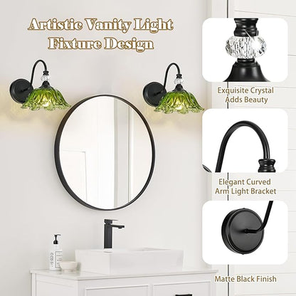 1 Piece Black Wall Sconce with Floral Green Glass Shade, Black Farmhouse Wall Mount Lighting for Bathroom,Vintage Bathroom Vanity Light Fixture