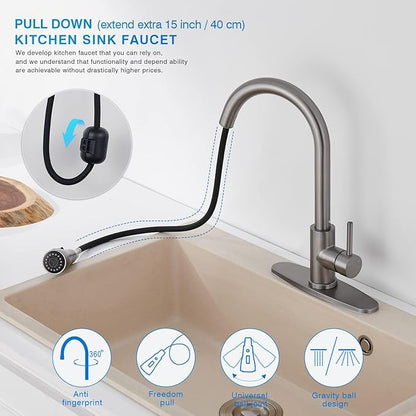 Kitchen Faucet with Pull Down Sprayer,High Arc Single Handle Classic Stainless Steel Kitchen Sink Faucet with Sprayer,Suitable for Laundry Rv Bar (Matte Gray 2)