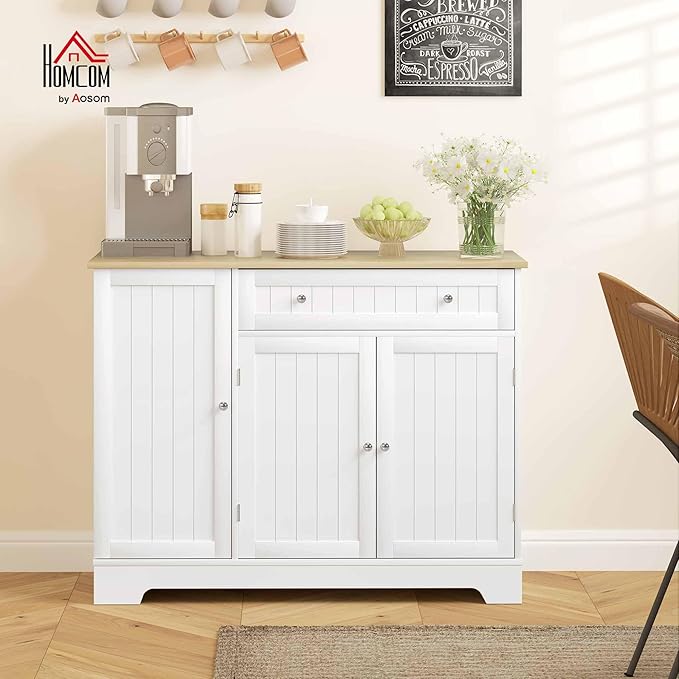 HOMCOM Modern Coffee Bar Cabinet with Storage, Sideboard Buffet Cabinet with Drawer, Adjustable Shelves, Small Kitchen Pantry with Door Shelves, White