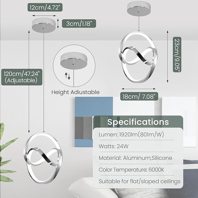 6000K Modern Pendant Light Fixtures, LED Pendant Lights Kitchen Island Lighting Adjustable Height Chrome Hanging Lights for Dining Room Kitchen Bedroom, 1Pack