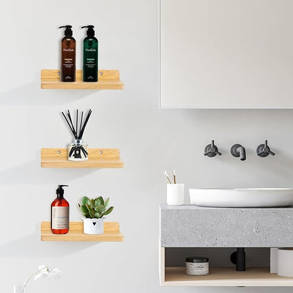 Small Floating Shelves for Wall,5x8.5 Inches Wall Shelf Set of 3,Display Shelf for Bedroom, Bathroom, Kitchen Decor (Wood Color)