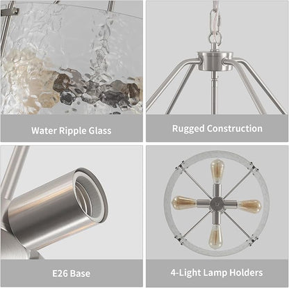 Glass Drum Chandelier for Dining Room 18'' Brushed Nickel Entryway Light Fixture 4-Light Kitchen Chandeliers Over Table Bedroom Light Fixture for Living Room Hallway Foyer Kitchen