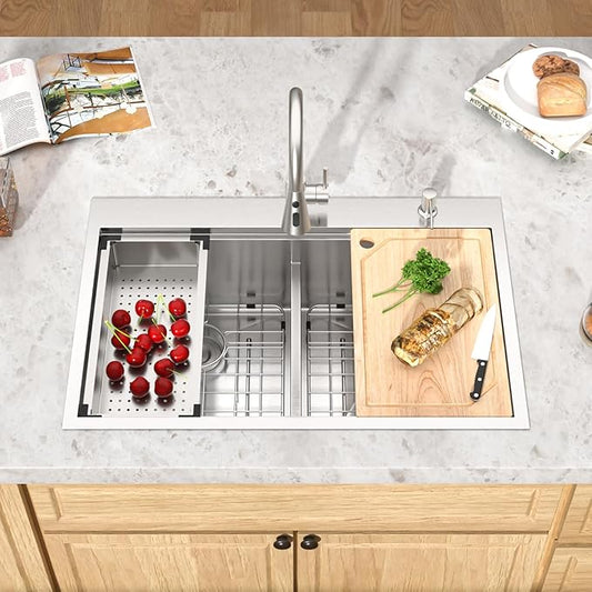 33 Inch Drop-In Double Bowl Kitchen Sink, 50/50 Low Divide 16 Gauge 304 Stainless Steel Workstation All-In One Sink, Brushed Finish #TLDB-501