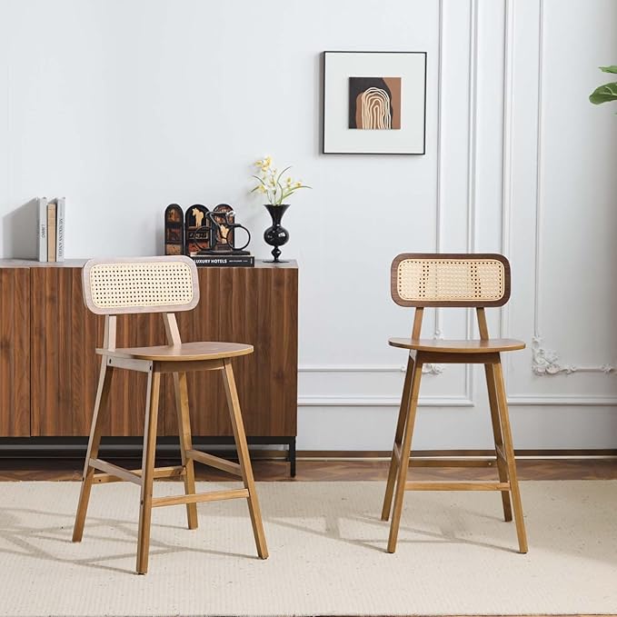 Set of 2 Wooden Barstools, Rattan Woven Back Island Chairs, Counter Height Rattan Bar Stools for Kitchen Island