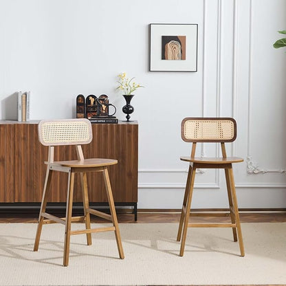 Set of 2 Wooden Barstools, Rattan Woven Back Island Chairs, Counter Height Rattan Bar Stools for Kitchen Island