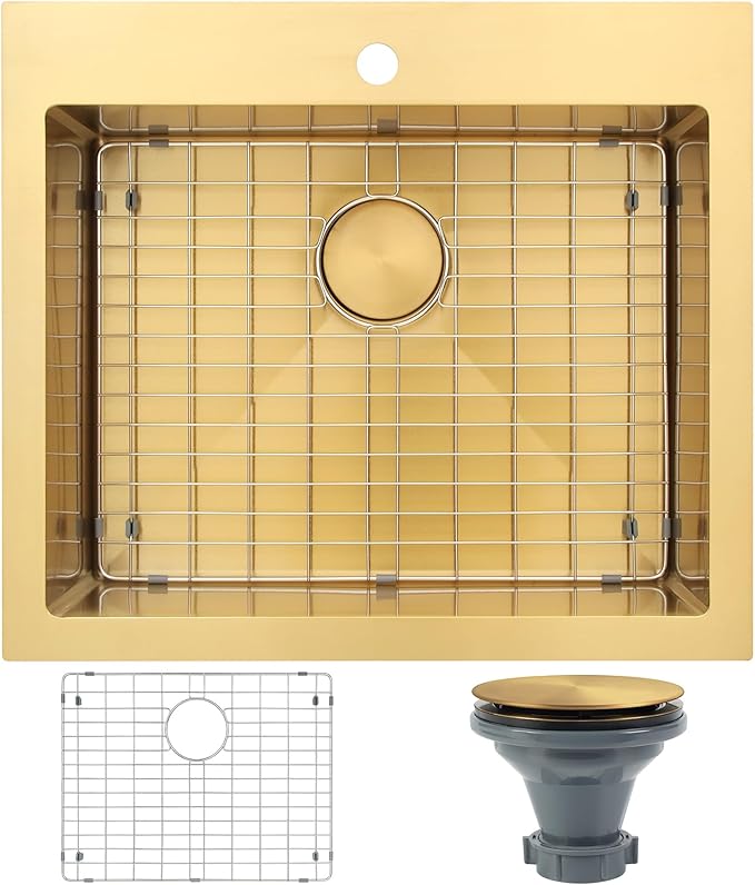Gold Kitchen Sink 25"x22",Drop In Laundry Utility Sink,25 Inch Gold Sink 16 Gauge Stainless Steel,Top Mount Single Bowl Deep Kitchen Sinks