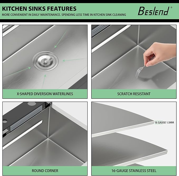 30 Inch Waterfall Kitchen Sink - Beslend 30x19 Drop In Waterfall Sink Stainless Steel Workstation Modern Smart Sinks 16-Gauge Single Bowl with Faucet, Digital Display and Fancy Ambient Light
