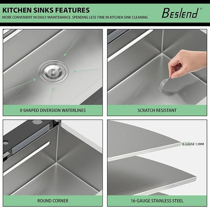30 Inch Waterfall Kitchen Sink - Beslend 30x19 Drop In Waterfall Sink Stainless Steel Workstation Modern Smart Sinks 16-Gauge Single Bowl with Faucet, Digital Display and Fancy Ambient Light