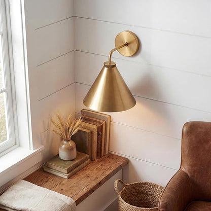 Retro Industrial Metal Cone Sconce Light - Vintage Inspired Modern Brass Wall Sconce with Metal Shade, Wall Mount Lighting for Bedroom, Hallway, Living Room (10.5“Dia x 12.5" H Brass)
