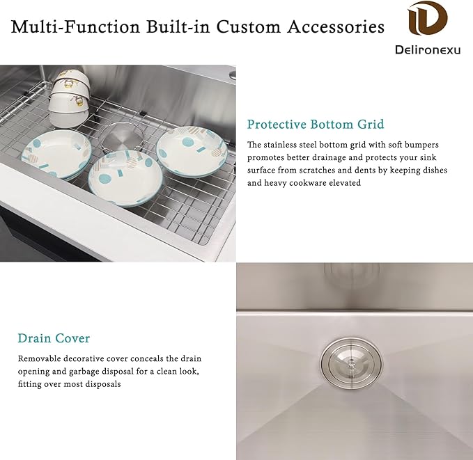 33x22 Drop In Kitchen Sink, Delironexu 18 Gauge 304 Stainless Steel Single Bowl Kitchen Sink, 33 Inch Top Mount Kitchen Sink, Kitchen Sink 33x22 Drop In with Bottom Grid & Drain Assembly