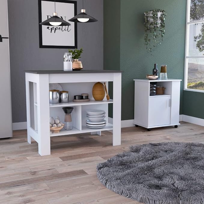 GOWE 2 Piece Kitchen Set, Delos Kitchen Island + Munich Lower Microwave Pantry Cabinet, White/Onyx