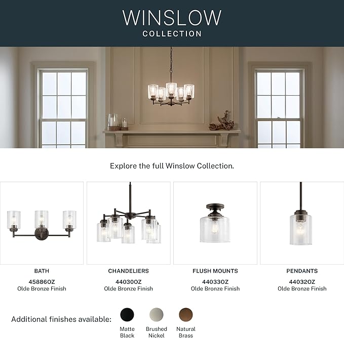 Kichler Winslow 19.75" Chandelier in Olde Bronze®, 5-Light Chandelier for Dining Room, Living Room, or Bedroom, Clear Seeded Glass, (19.75" W x 16" H), 44030OZ