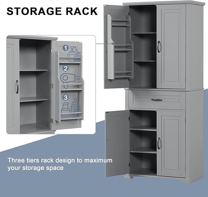 Storage Pantry Cabinet with Door and Shelf Organizer, Kitchen Cupboard for Entryway, Living Room or Bathroom, Adjustable Shelves, Gray