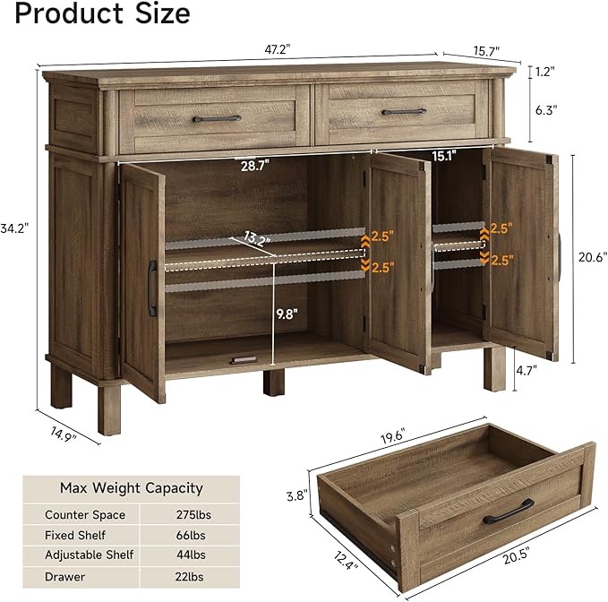 48 Inches Buffet Cabinet with Storage, Farmhouse Sideboard Buffet w/2 Drawers and 3 Doors, Wood Coffee Bar Cabinet with Adjustable Shelves, Sideboard Storage for Kitchen, Living Room, Washed Grey