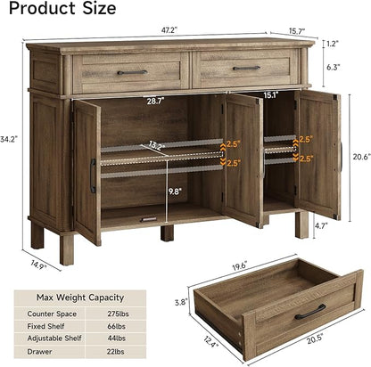 48 Inches Buffet Cabinet with Storage, Farmhouse Sideboard Buffet w/2 Drawers and 3 Doors, Wood Coffee Bar Cabinet with Adjustable Shelves, Sideboard Storage for Kitchen, Living Room, Washed Grey