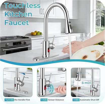 Touchless Kitchen Faucet with Pull Down Sprayer - Polished Chrome Single Handle Kitchen Faucets, High Arc Stainless Steel Pull Out Kitchen Sink Faucet with Deck for RV Laundry Farmhouse Bar