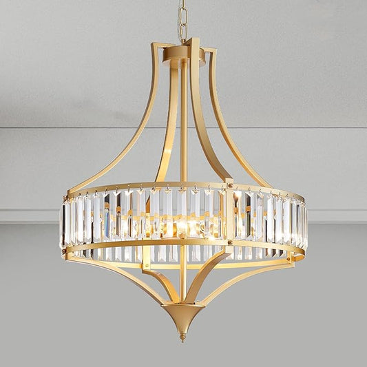 21.6" Gold Crystal Chandeliers Modern Vintage Chandelier with Round Metal Shade Art Deco 6-Light Large Dining Room Light Fixture for Kitchen, Dining Room, Hallway, Bedroom, Foyer