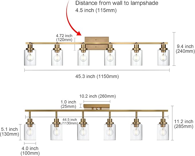 MELUCEE 6 Light Bathroom Vanity Light Fixtures Multi-Directional Rotating Track Lighting Kit Brass, 45.3 Inch Ceiling Spotlight Fixture for Kitchen Foyer Bath, Clear Glass Shade