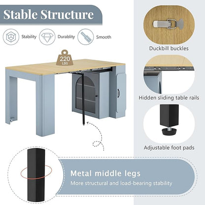 SOFTSEA Extendable Dining Table with 3 Removable Leaves, Mobile Rolling Island Table with USB Ports & Power Outlet, Foldable Kitchen Cabinet for Dining Room Living Room, Blue Grey
