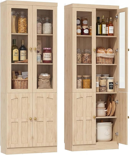 Cyclysio Kitchen Pantry Cabinet, 80" Wood Pantry Storage Cabinet with Doors and Adjustable Shelves, Kitchen Cabinet with Thickened Top Panel, Tall Cabinet for Livingroom, Pantry, Bathroom (1, Natural)
