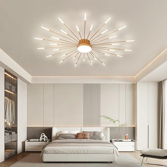 JAYMP 50.4" Ceiling Light Modern Flower Shape Ceiling Lamp for Living Room Dining Room Flush Mount Metal Acrylic Sputnik Firework Petal LED Lighting Fixture (Matte Gold, 30+1 Lights)