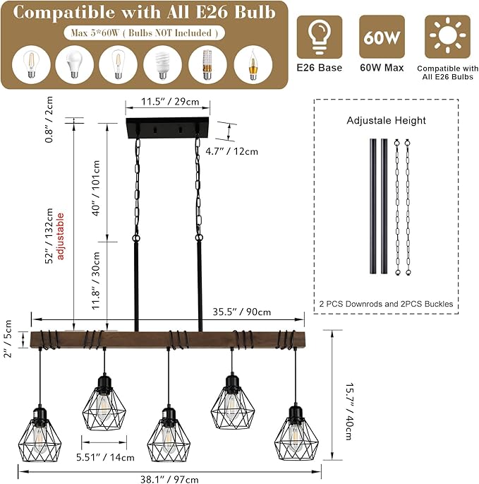5-Light Kitchen Chandeliers Over Table, Farmhouse Black Dining Room Light Fixture, Linear Rustic Wood Ceiling Pendant Island Light Fixtures with Metal Lampshade, Height Adjustable